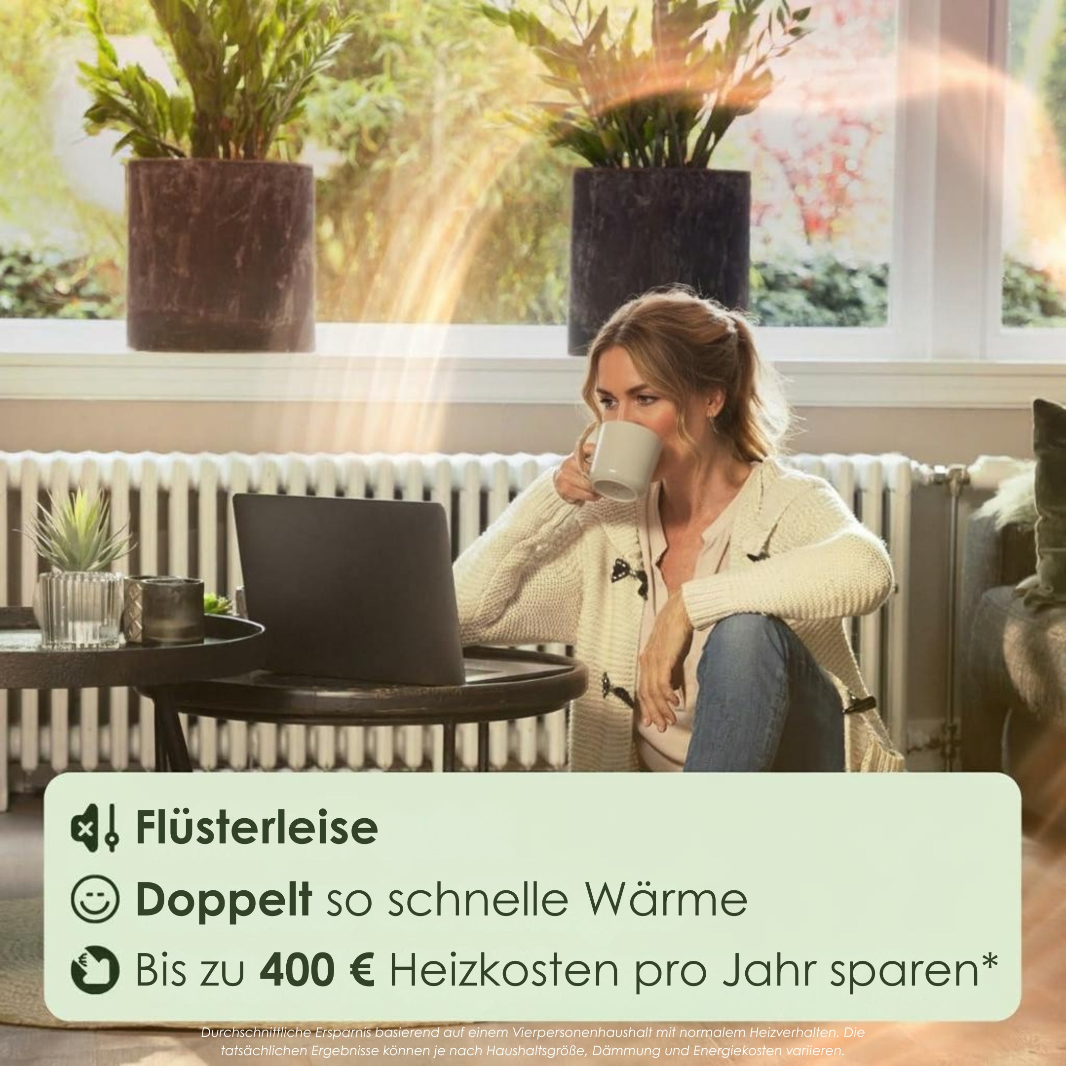 Woman sitting on a couch with a laptop, drinking from a mug, in a cozy room with plants.